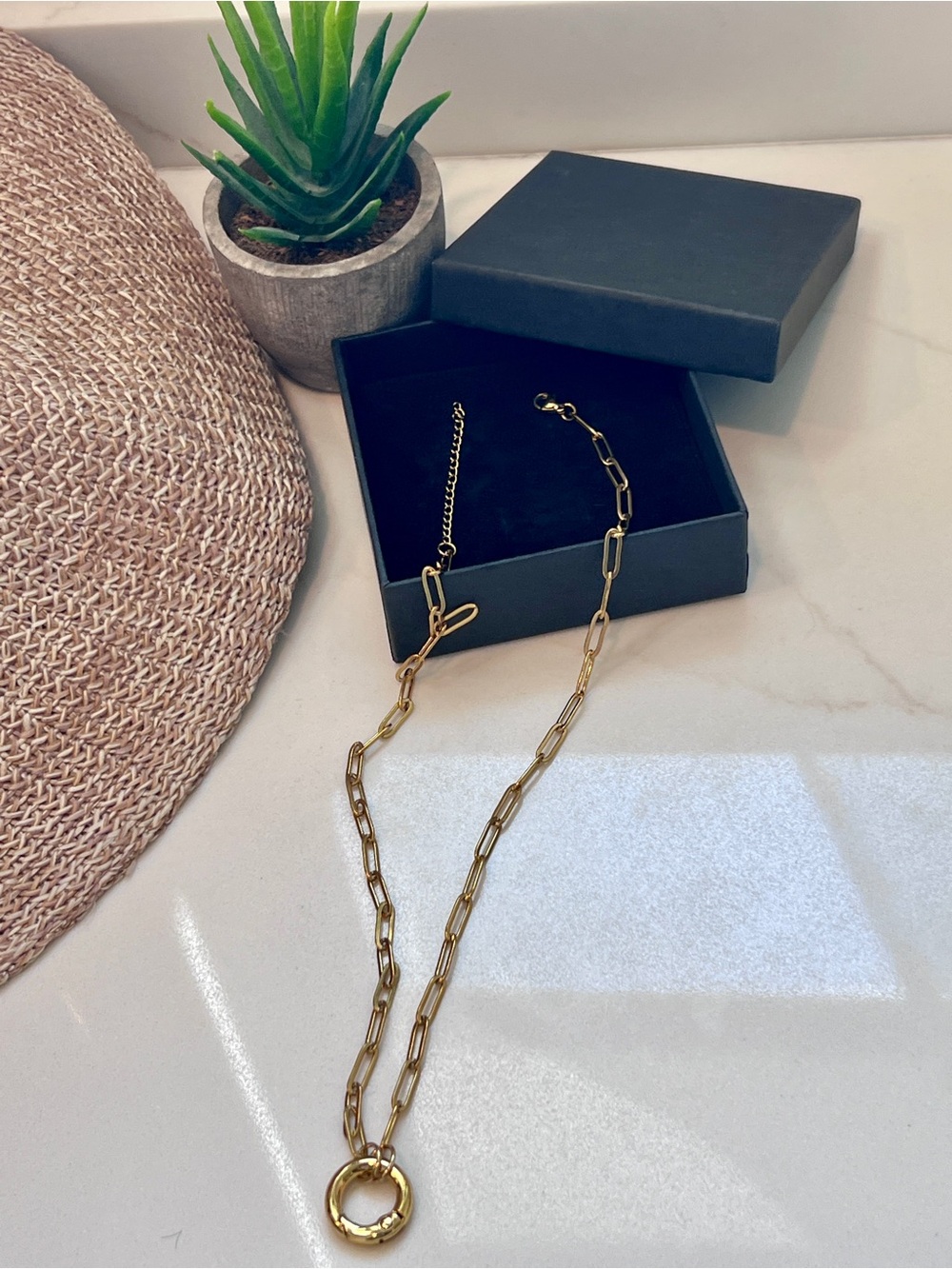 Gold Link Chain Necklace with Circular Clasp